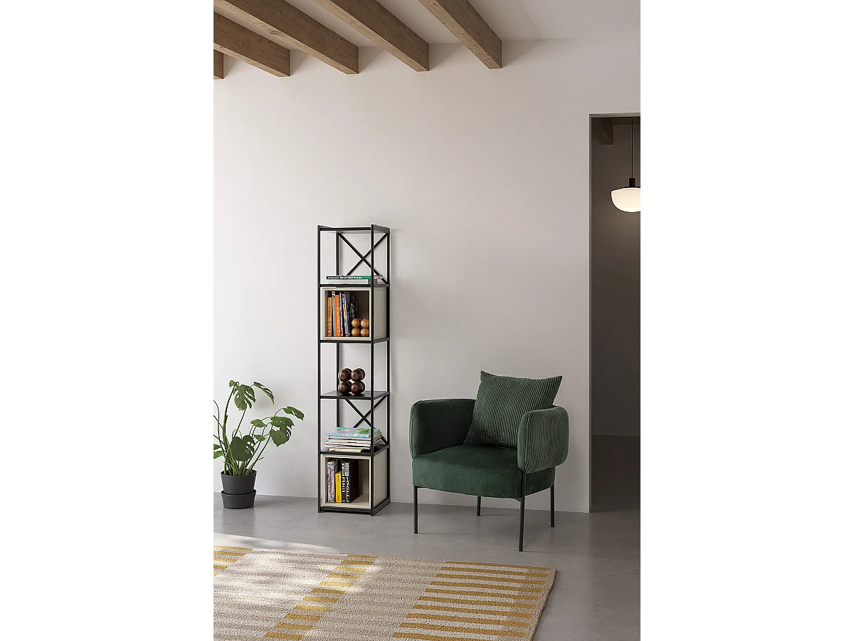 Bibliothèque, meuble étagère aspect bois coloris crème et métal noir - Longueur 36 x Profondeur 39 x Hauteur 179 cm