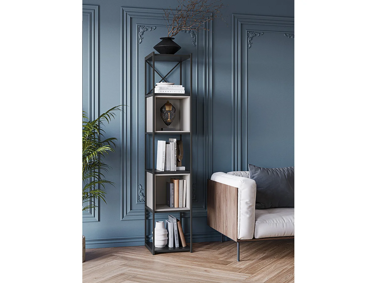 Bibliothèque, meuble étagère aspect bois coloris crème et métal noir - Longueur 36 x Profondeur 39 x Hauteur 179 cm