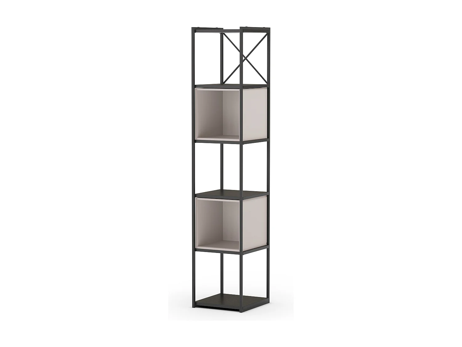 Bibliothèque, meuble étagère aspect bois coloris crème et métal noir - Longueur 36 x Profondeur 39 x Hauteur 179 cm