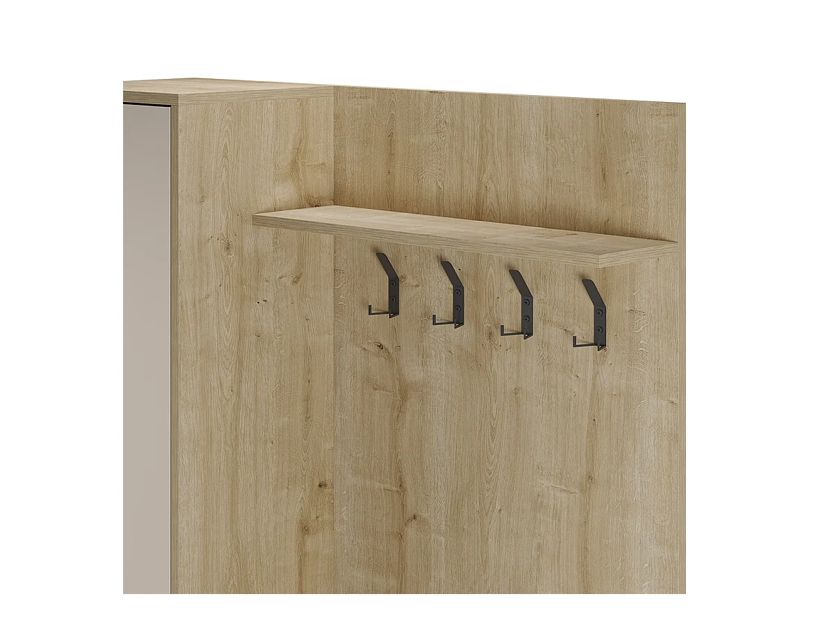 Meuble d'entrée avec porte-manteau aspect bois coloris crème et chêne, pieds en métal noir - Longueur 108 x Profondeur 35 x Hauteur 195,3 cm