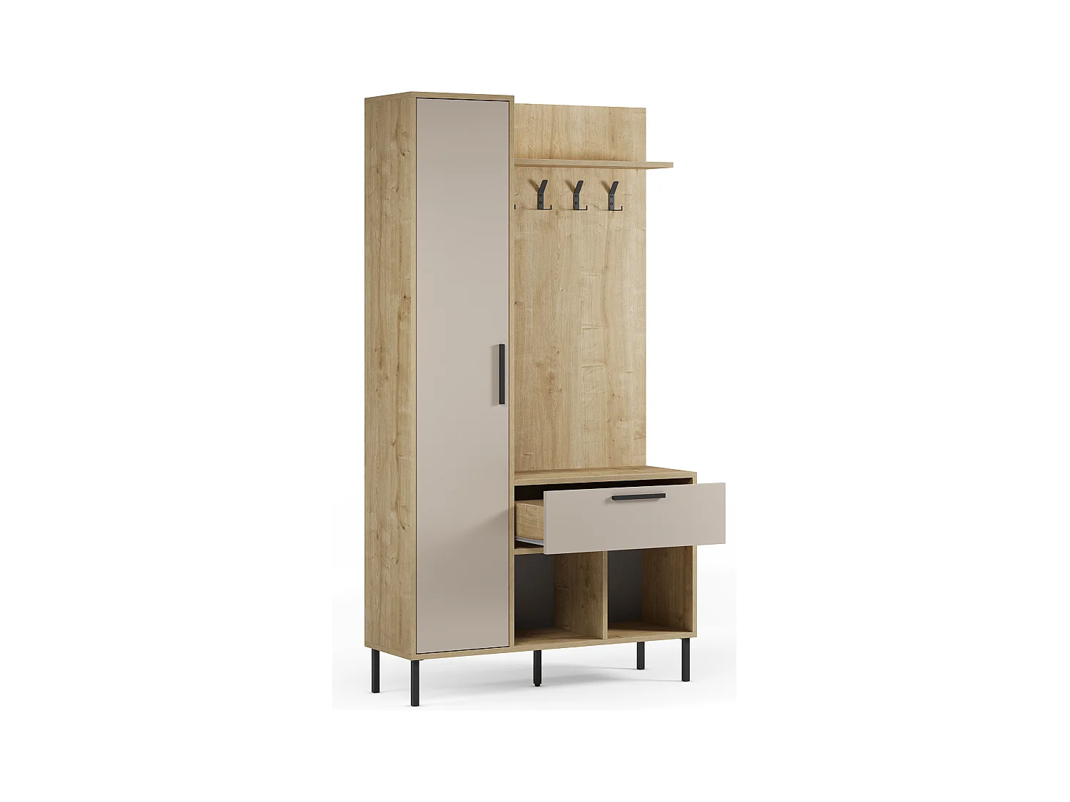 Meuble d'entrée avec porte-manteau aspect bois coloris crème et chêne, pieds en métal noir - Longueur 108 x Profondeur 35 x Hauteur 195,3 cm