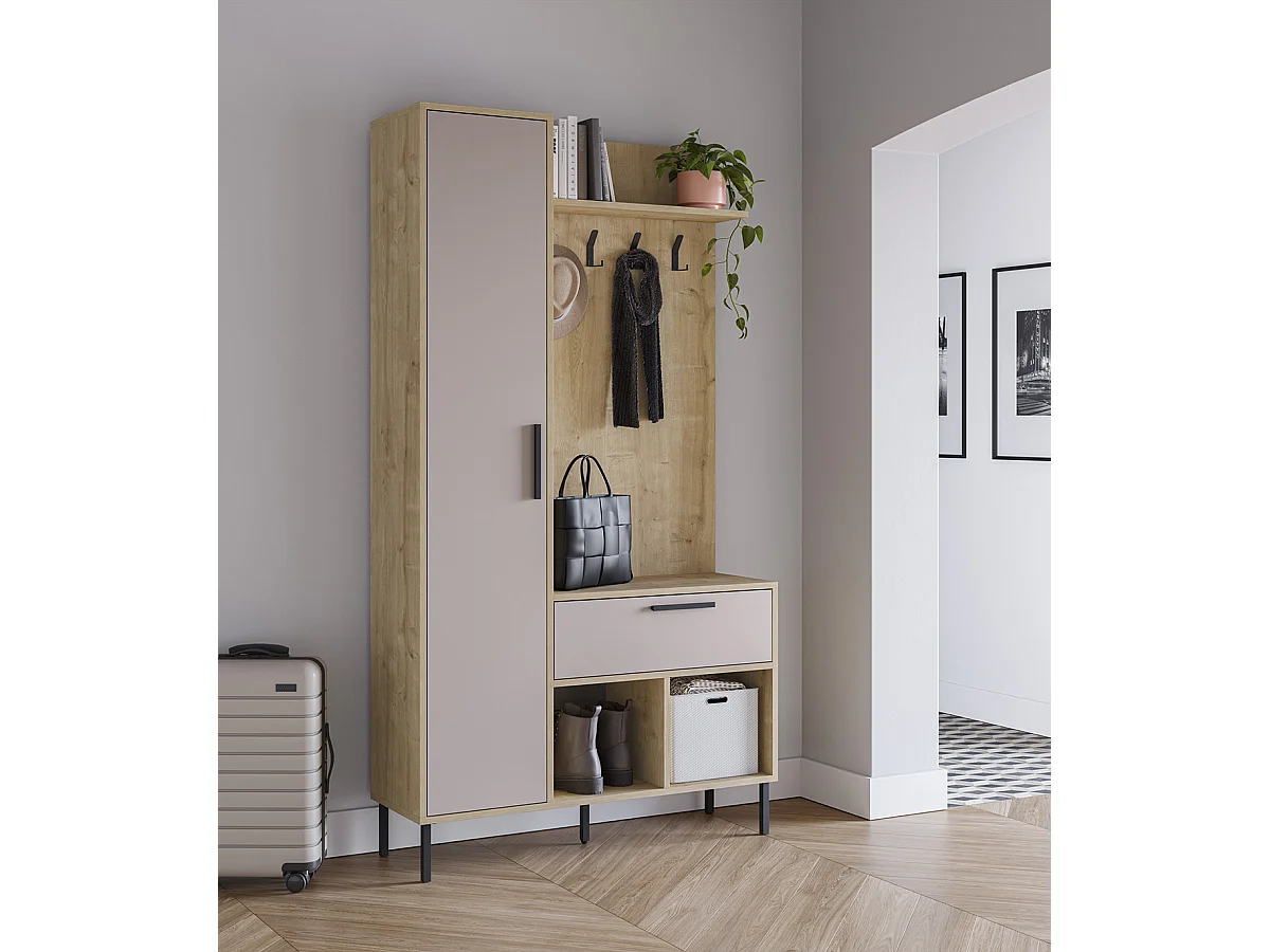 Meuble d'entrée avec porte-manteau aspect bois coloris crème et chêne, pieds en métal noir - Longueur 108 x Profondeur 35 x Hauteur 195,3 cm