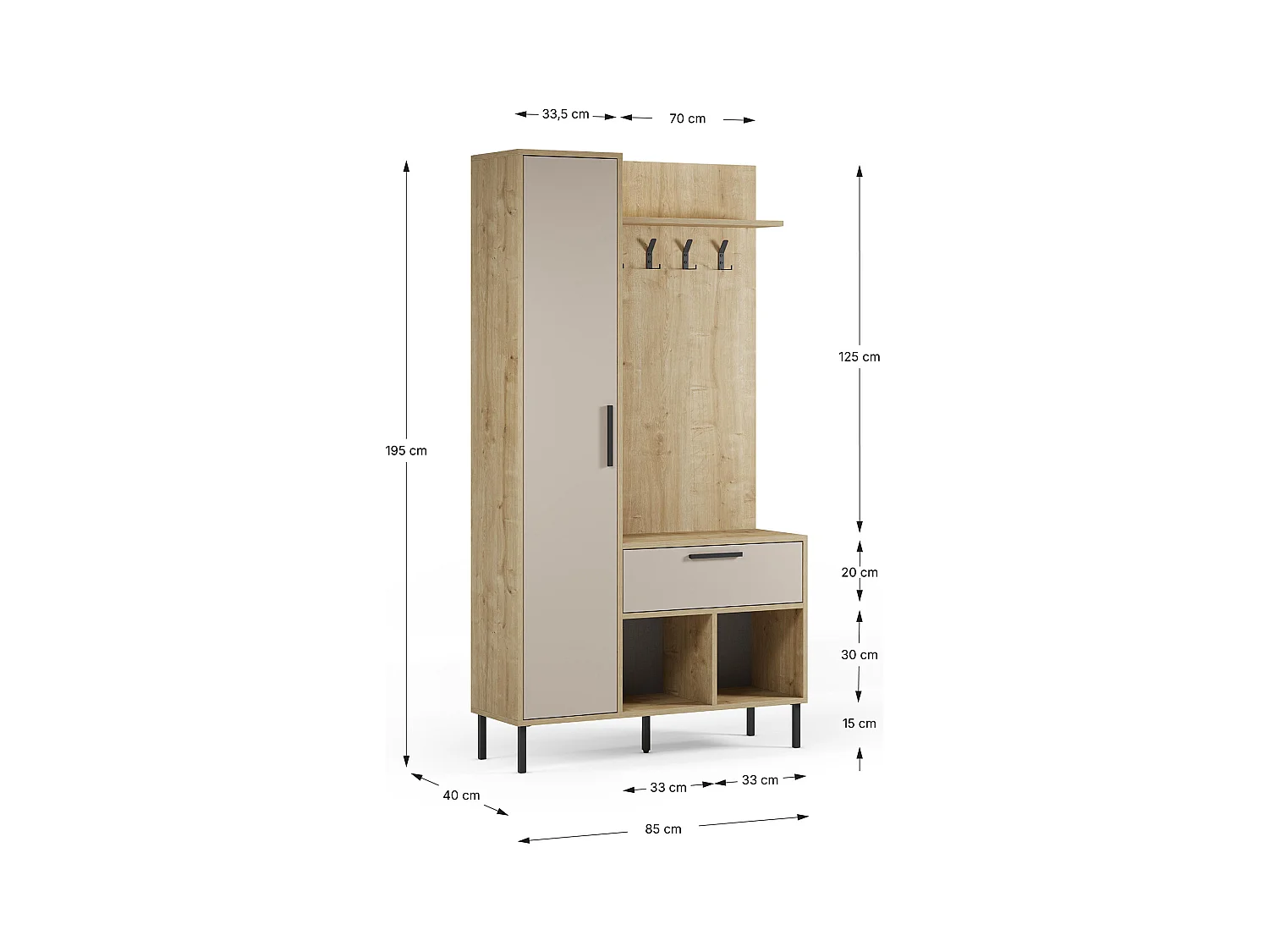 Meuble d'entrée avec porte-manteau aspect bois coloris crème et chêne, pieds en métal noir - Longueur 108 x Profondeur 35 x Hauteur 195,3 cm