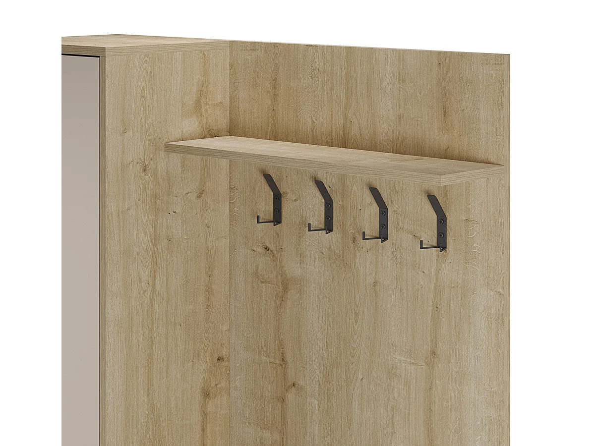 Meuble d'entrée avec porte-manteau aspect bois coloris crème et chêne, pieds en métal noir - Longueur 108 x Profondeur 35 x Hauteur 195,3 cm