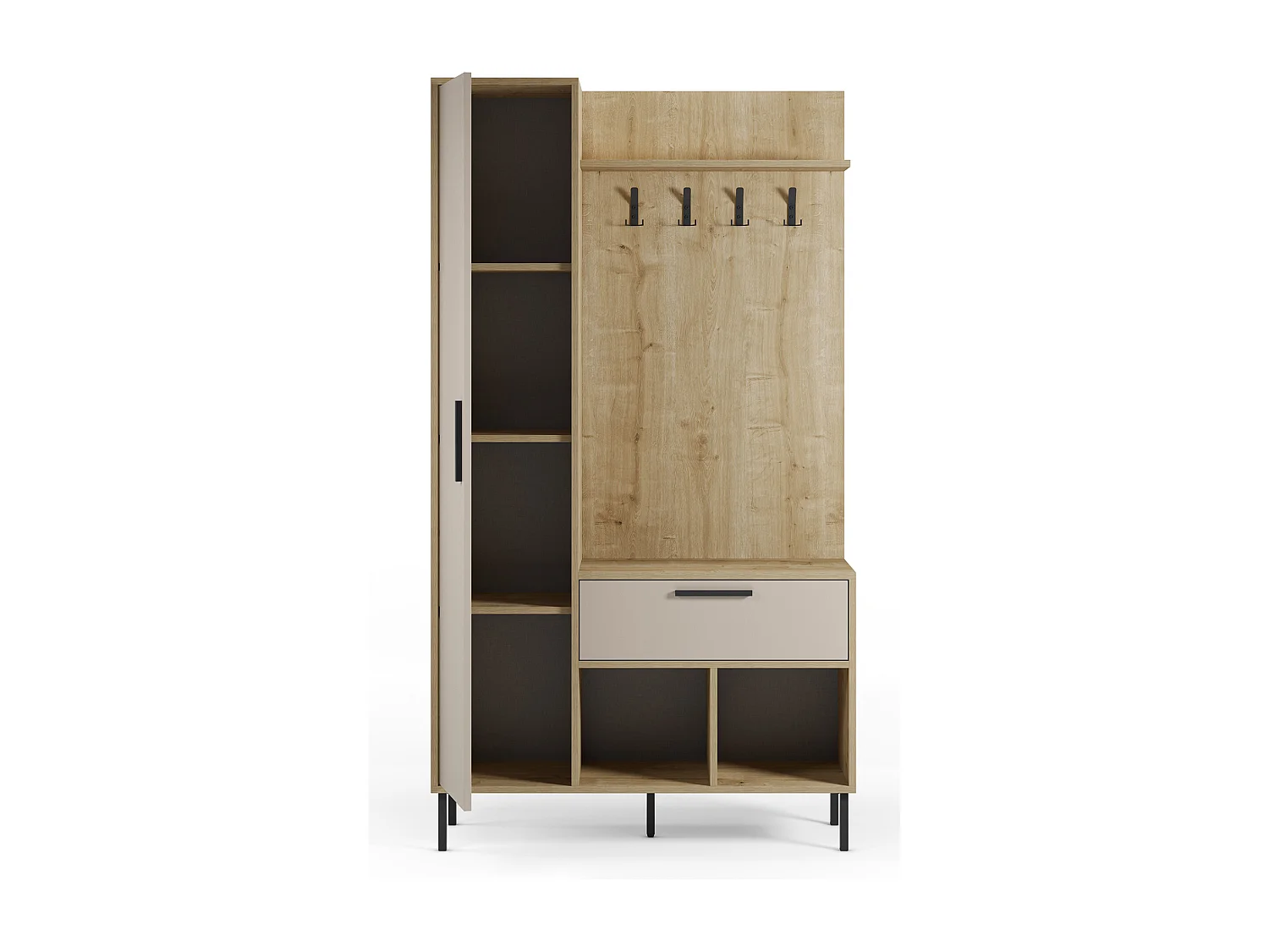 Meuble d'entrée avec porte-manteau aspect bois coloris crème et chêne, pieds en métal noir - Longueur 108 x Profondeur 35 x Hauteur 195,3 cm