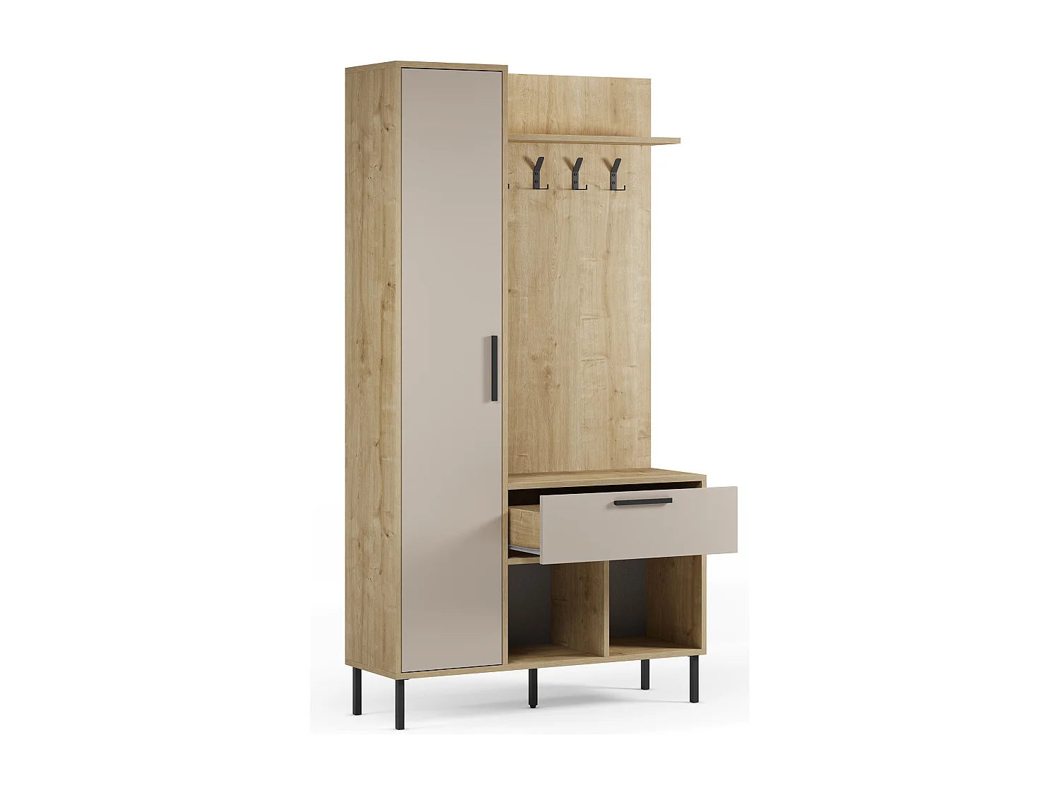 Meuble d'entrée avec porte-manteau aspect bois coloris crème et chêne, pieds en métal noir - Longueur 108 x Profondeur 35 x Hauteur 195,3 cm