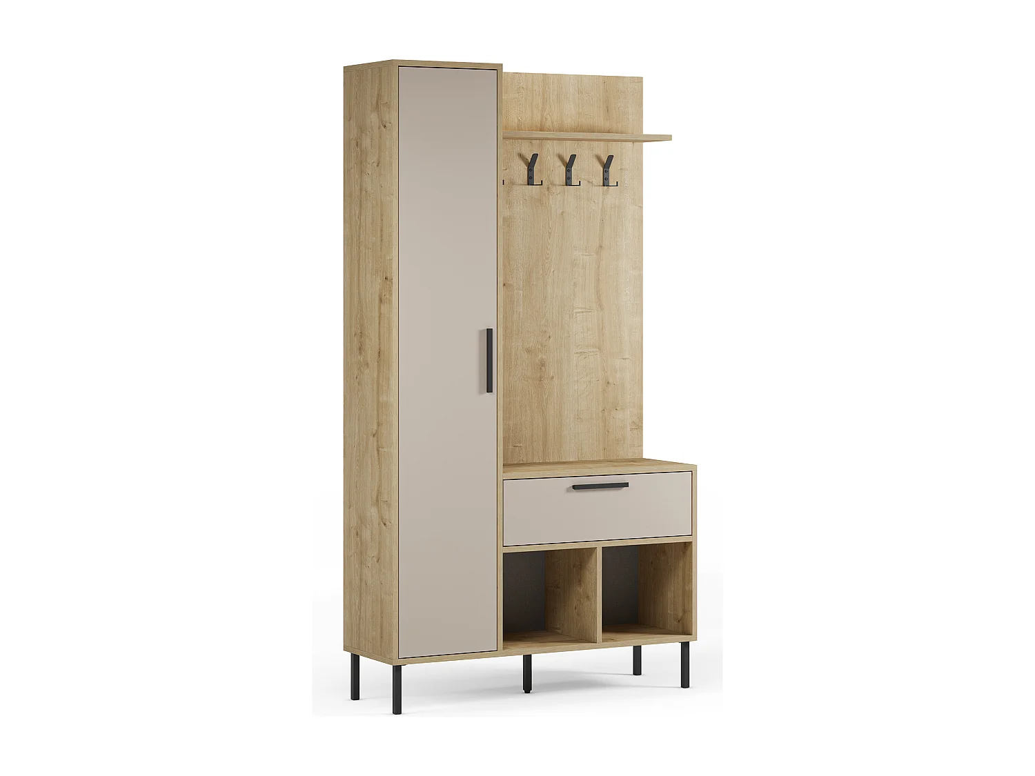 Meuble d'entrée avec porte-manteau aspect bois coloris crème et chêne, pieds en métal noir - Longueur 108 x Profondeur 35 x Hauteur 195,3 cm