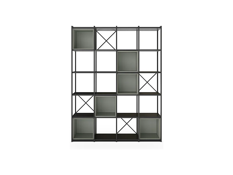 Etagère haute, meuble étagère aspect bois coloris Vert et métal noir - Longueur 140 x Profondeur 39 x Hauteur 179 cm