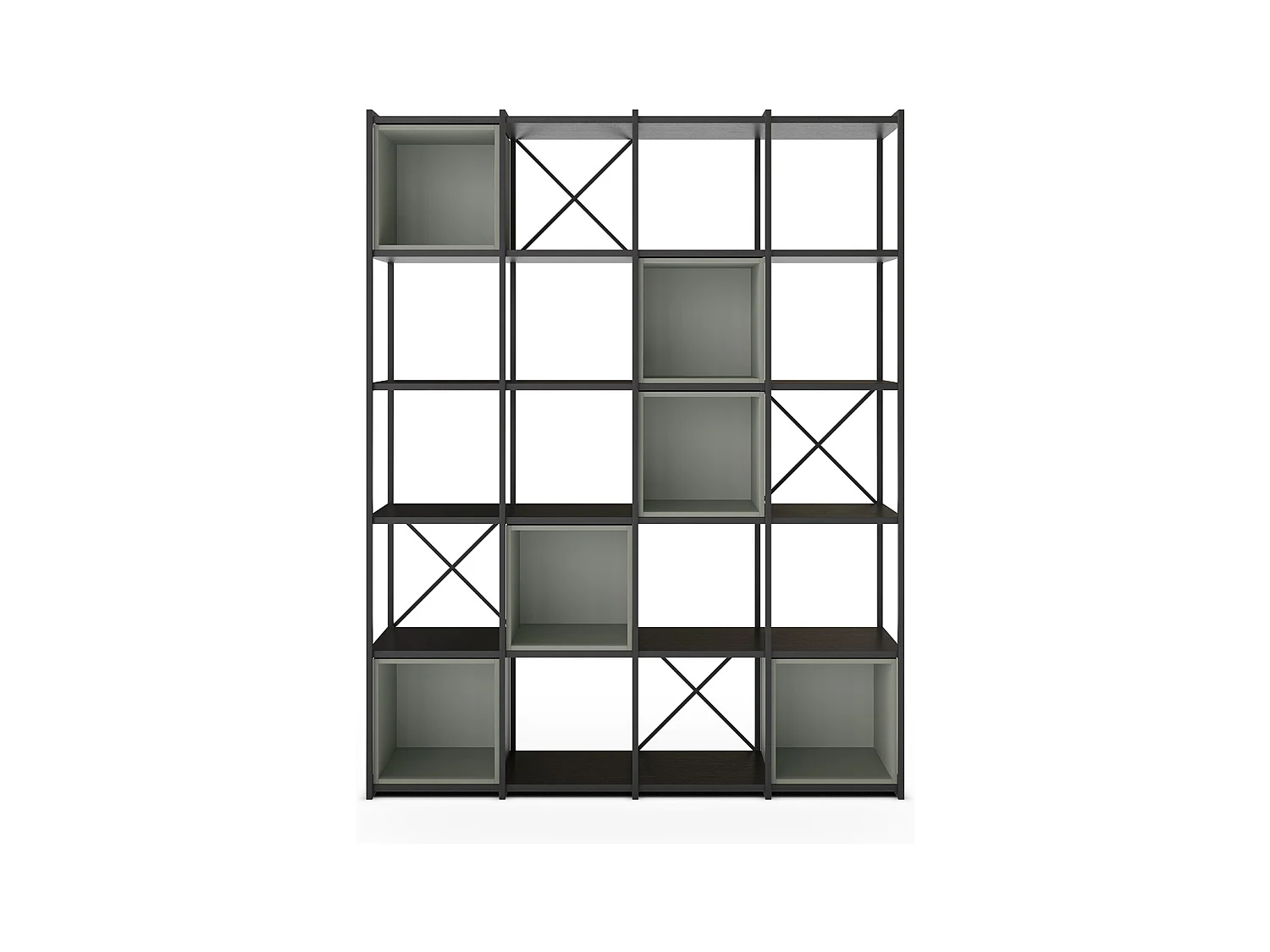 Etagère haute, meuble étagère aspect bois coloris Vert et métal noir - Longueur 140 x Profondeur 39 x Hauteur 179 cm