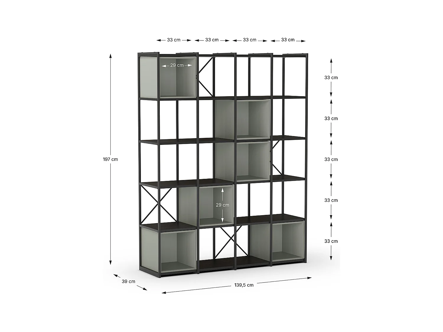 Etagère haute, meuble étagère aspect bois coloris Vert et métal noir - Longueur 140 x Profondeur 39 x Hauteur 179 cm