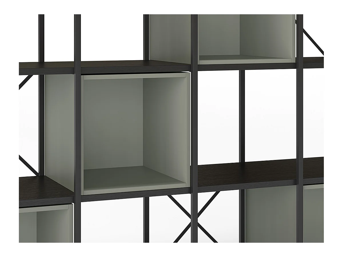 Etagère haute, meuble étagère aspect bois coloris Vert et métal noir - Longueur 140 x Profondeur 39 x Hauteur 179 cm