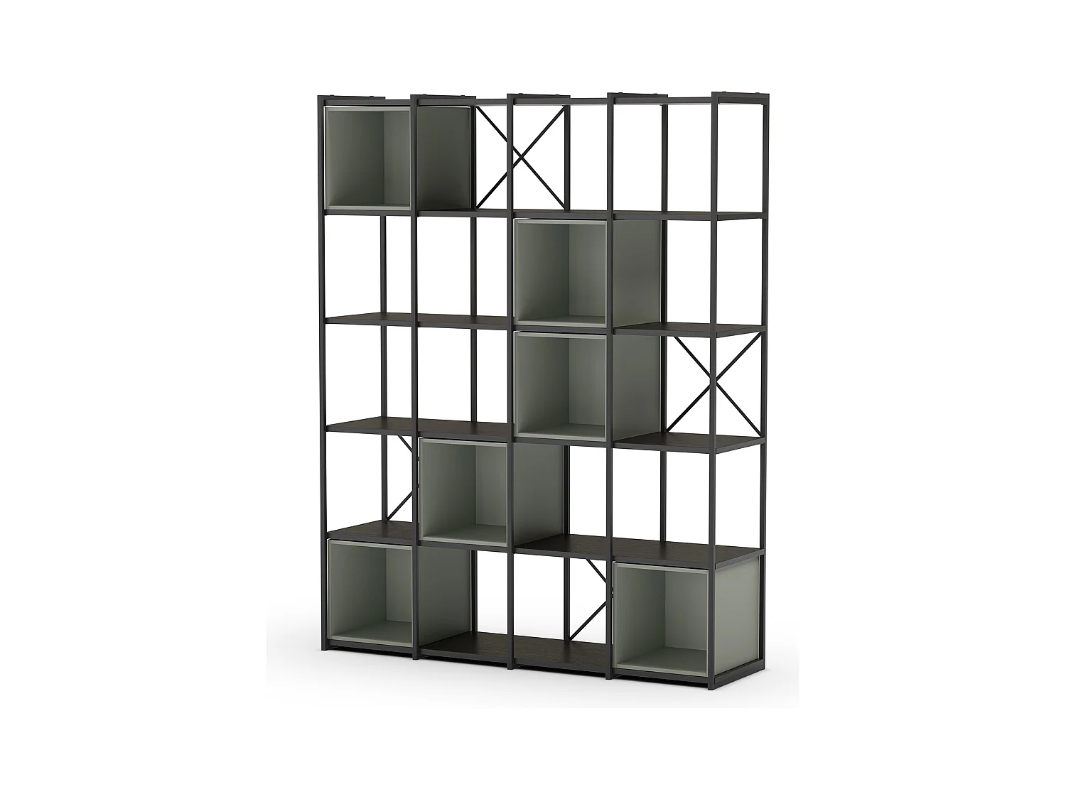 Etagère haute, meuble étagère aspect bois coloris Vert et métal noir - Longueur 140 x Profondeur 39 x Hauteur 179 cm
