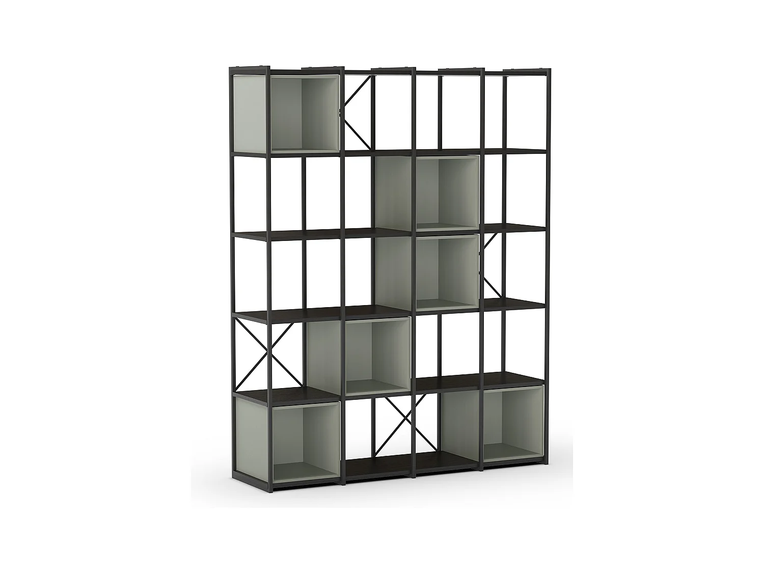Etagère haute, meuble étagère aspect bois coloris Vert et métal noir - Longueur 140 x Profondeur 39 x Hauteur 179 cm