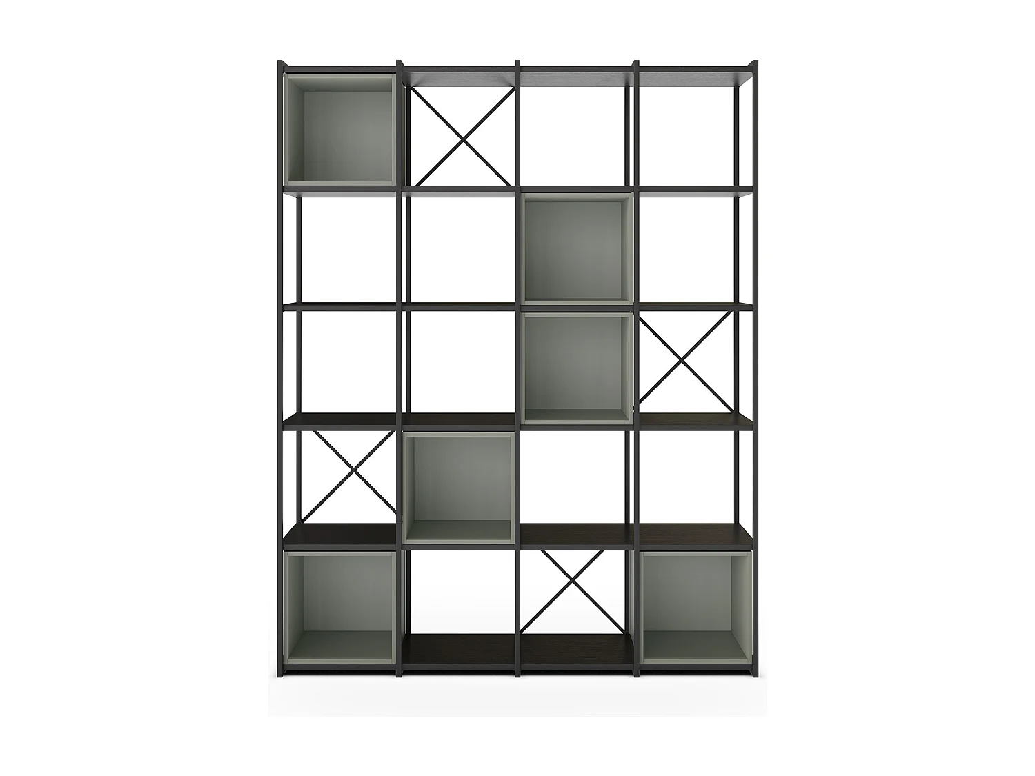 Etagère haute, meuble étagère aspect bois coloris Vert et métal noir - Longueur 140 x Profondeur 39 x Hauteur 179 cm