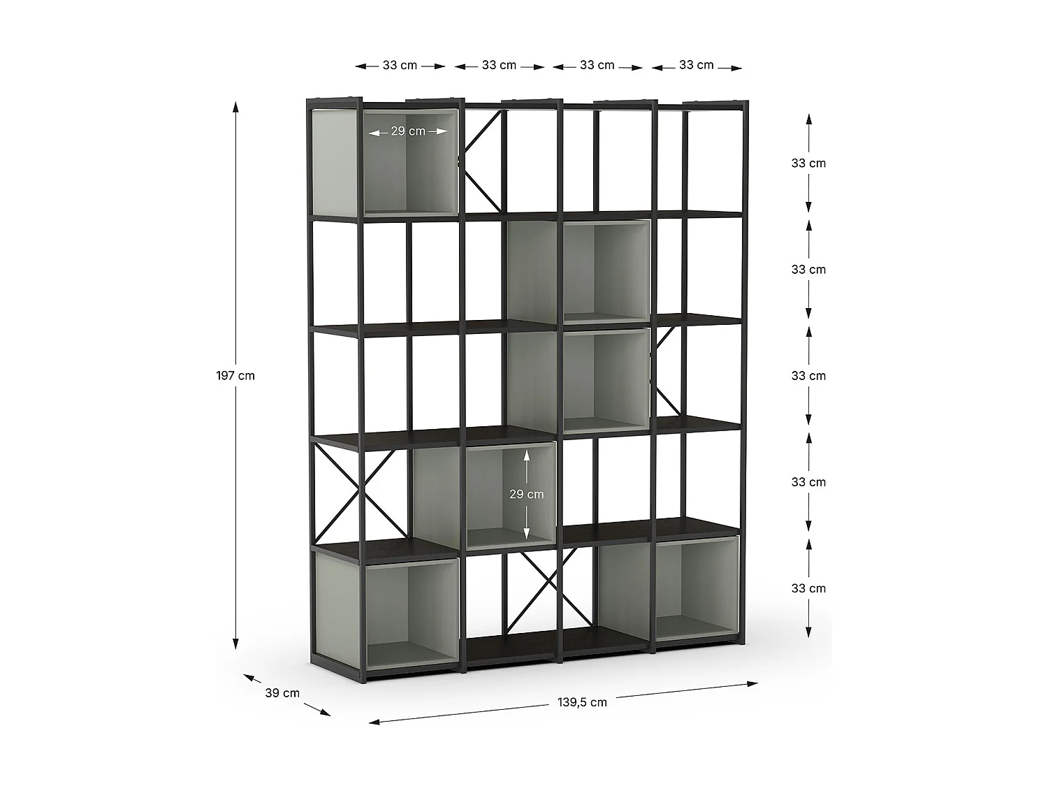Etagère haute, meuble étagère aspect bois coloris Vert et métal noir - Longueur 140 x Profondeur 39 x Hauteur 179 cm