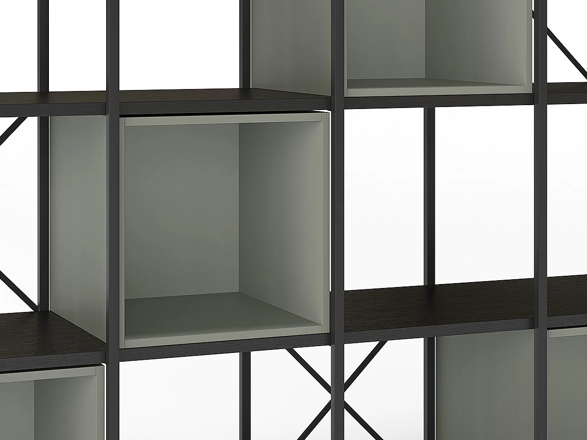 Etagère haute, meuble étagère aspect bois coloris Vert et métal noir - Longueur 140 x Profondeur 39 x Hauteur 179 cm