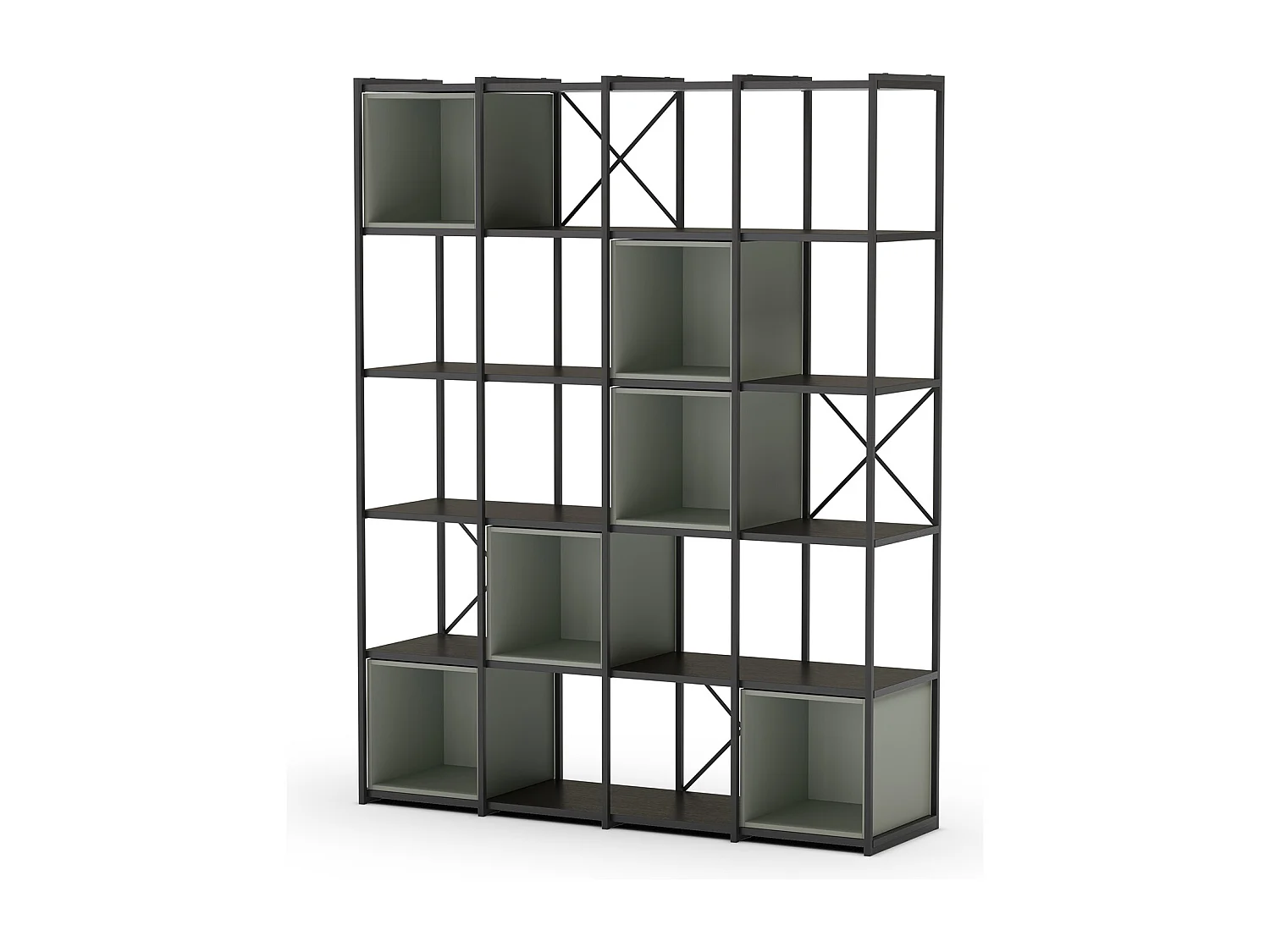 Etagère haute, meuble étagère aspect bois coloris Vert et métal noir - Longueur 140 x Profondeur 39 x Hauteur 179 cm