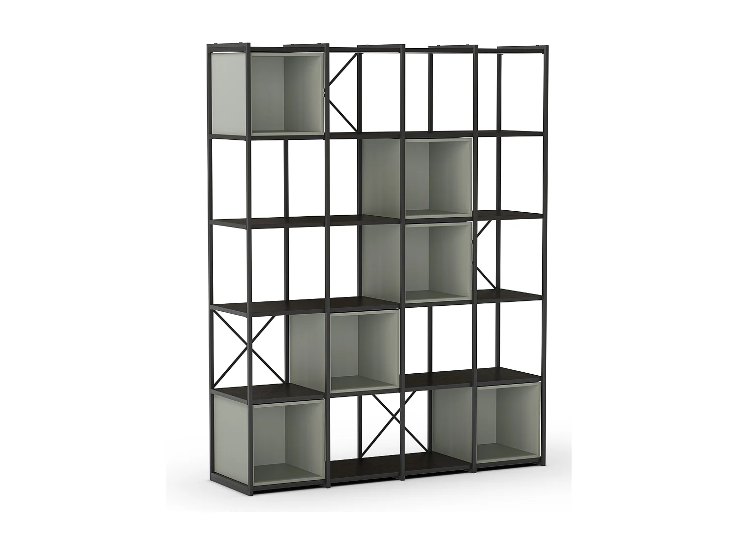 Etagère haute, meuble étagère aspect bois coloris Vert et métal noir - Longueur 140 x Profondeur 39 x Hauteur 179 cm