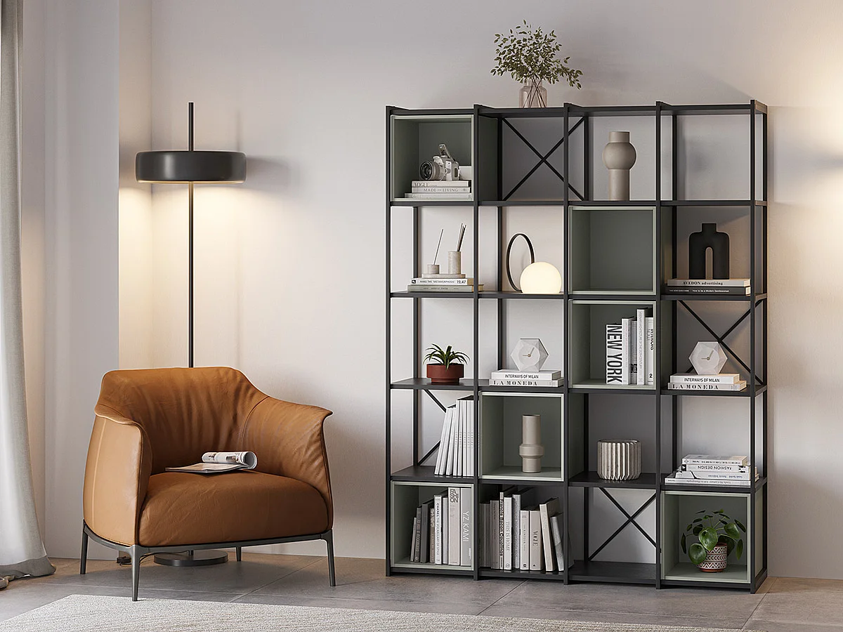 Etagère haute, meuble étagère aspect bois coloris Vert et métal noir - Longueur 140 x Profondeur 39 x Hauteur 179 cm