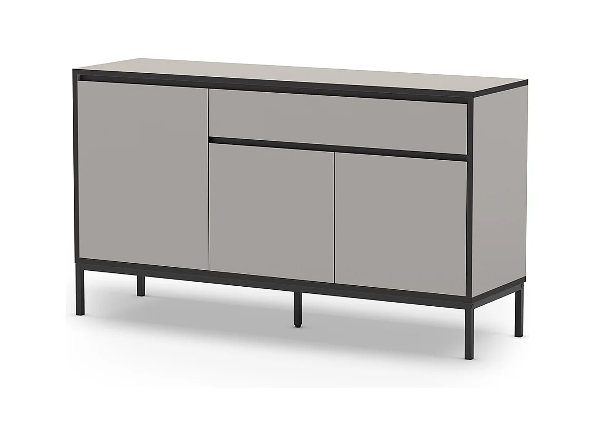 Buffet, commode de rangement avec 3 portes et 1 tiroir aspect bois coloris crème, pieds en métal noir - Longueur 140 x Profondeur 40 x Hauteur 80 cm