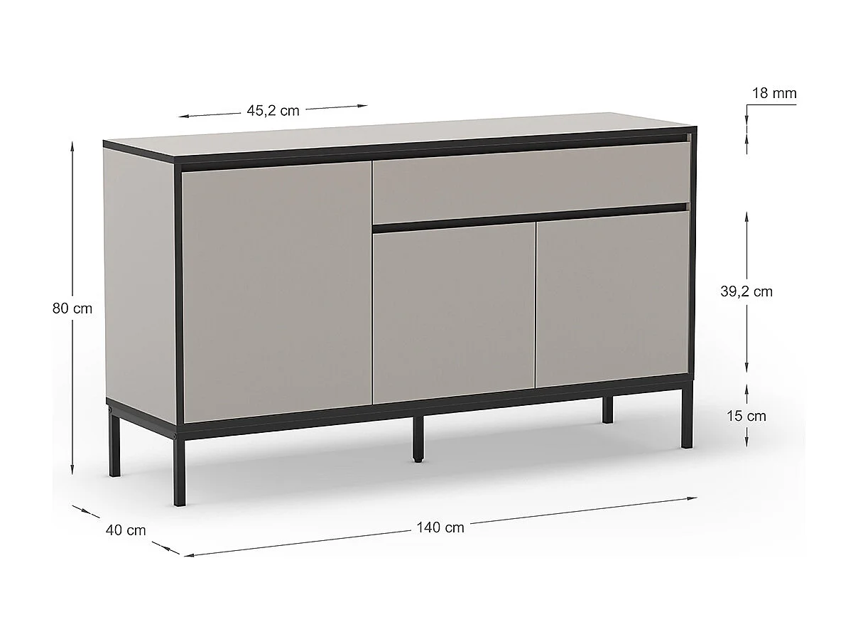 Buffet, commode de rangement avec 3 portes et 1 tiroir aspect bois coloris crème, pieds en métal noir - Longueur 140 x Profondeur 40 x Hauteur 80 cm