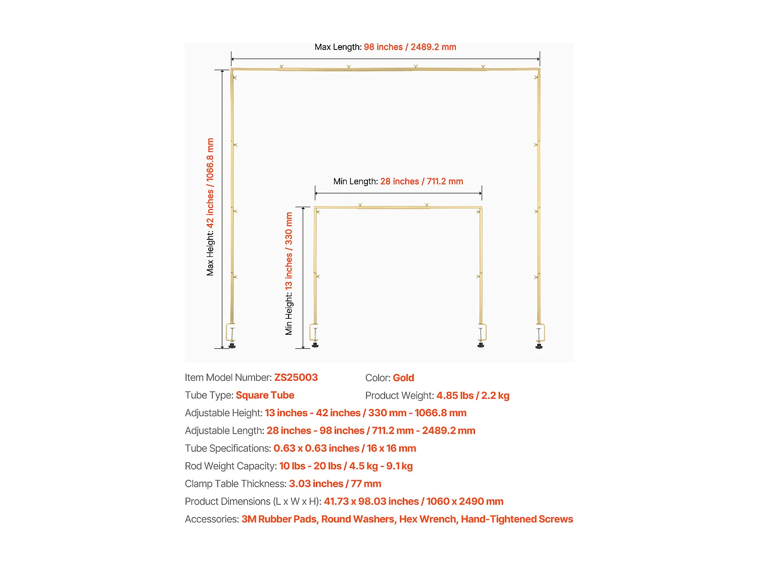 Support Tige de Table SucceBuy avec Pinces, Support Arche de Table, Hauteur Réglable 33-107 cm Longueur Réglable 71.12-249 cm, Cadre d'Arche Métal