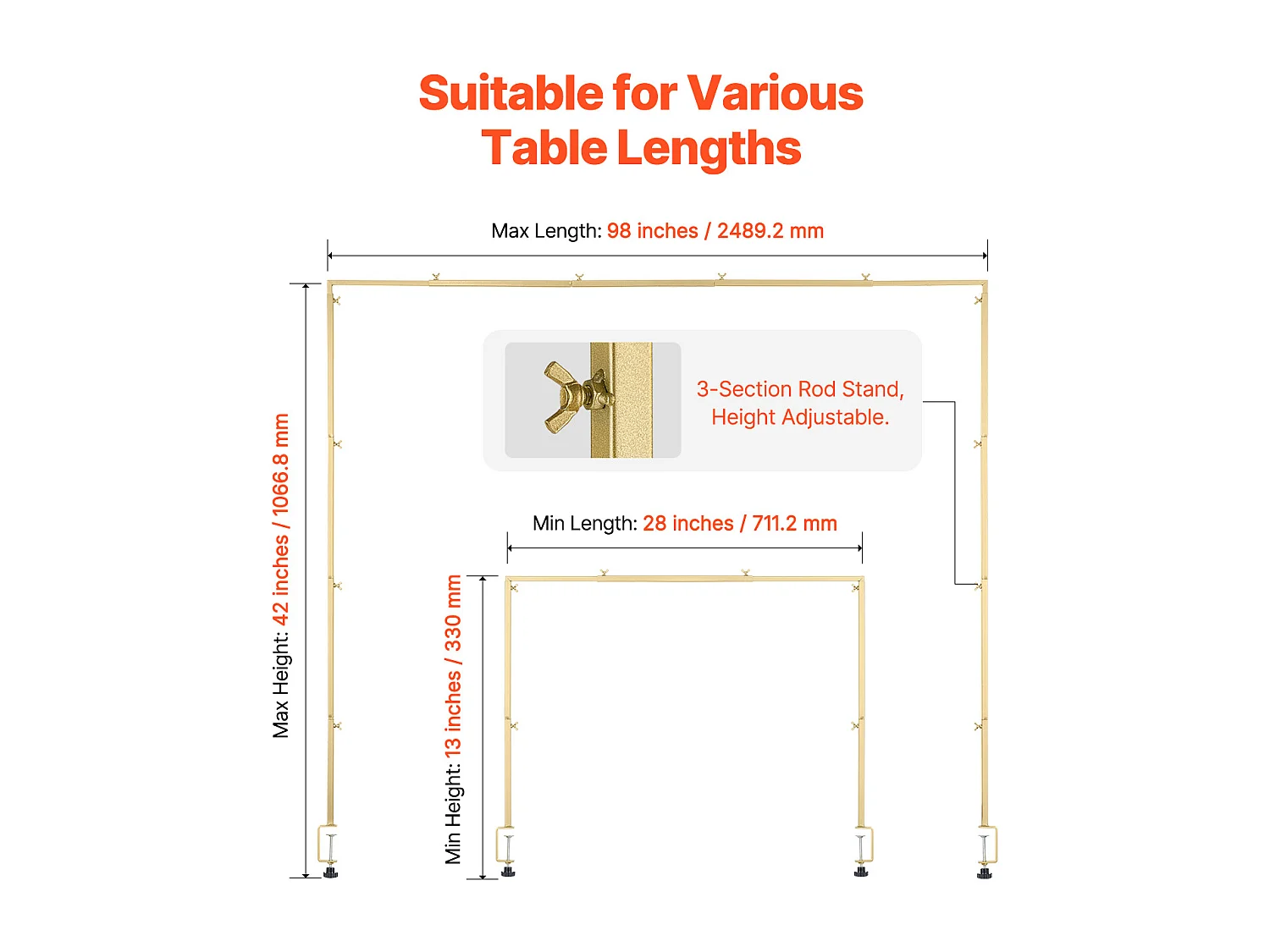 Support Tige de Table SucceBuy avec Pinces, Support Arche de Table, Hauteur Réglable 33-107 cm Longueur Réglable 71.12-249 cm, Cadre d'Arche Métal