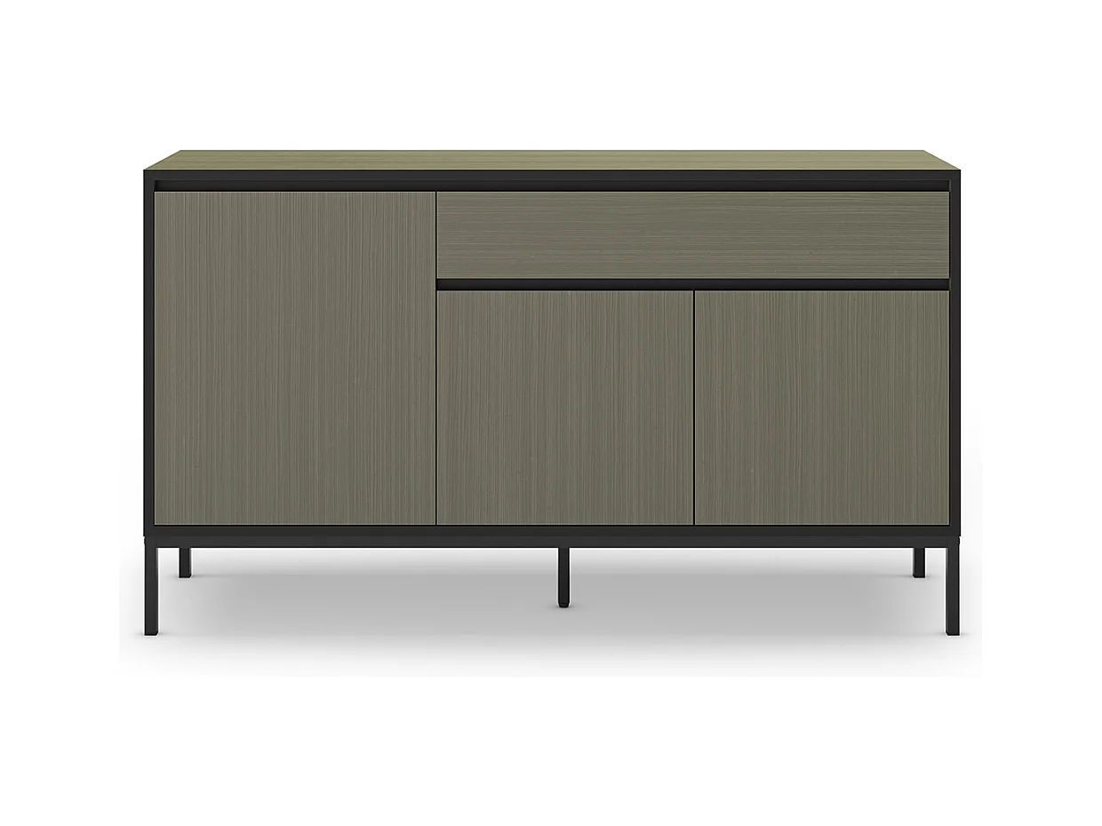 Buffet, commode de rangement avec 3 portes et 1 tiroir aspect bois coloris vert, pieds en métal noir - Longueur 140 x Profondeur 40 x Hauteur 80 cm