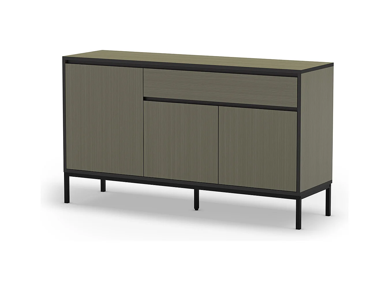 Buffet, commode de rangement avec 3 portes et 1 tiroir aspect bois coloris vert, pieds en métal noir - Longueur 140 x Profondeur 40 x Hauteur 80 cm