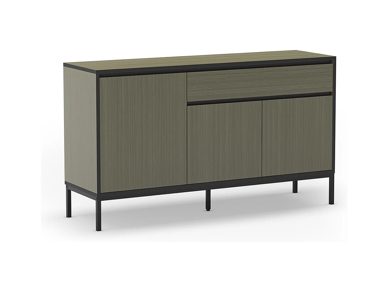 Buffet, commode de rangement avec 3 portes et 1 tiroir aspect bois coloris vert, pieds en métal noir - Longueur 140 x Profondeur 40 x Hauteur 80 cm
