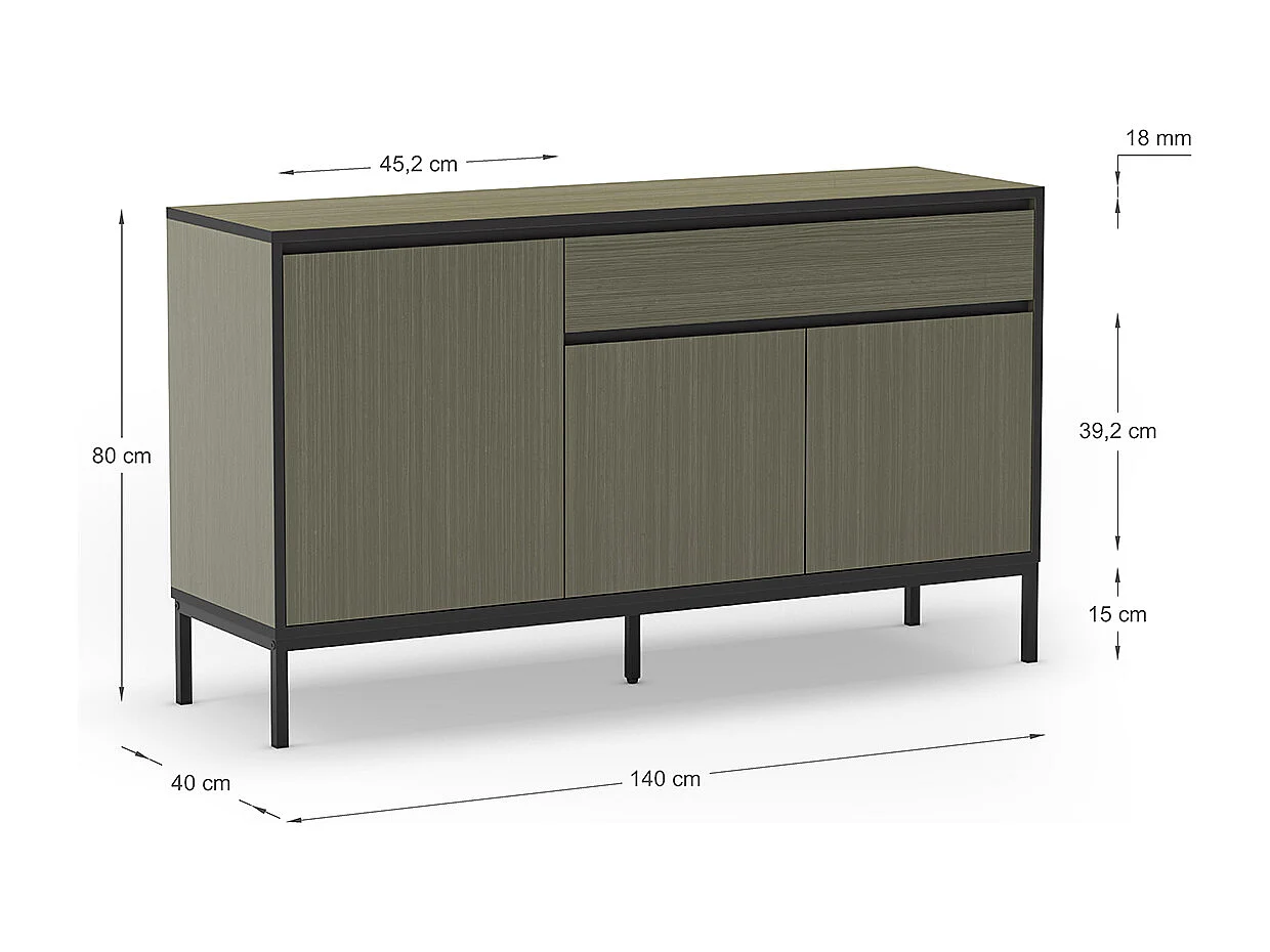 Buffet, commode de rangement avec 3 portes et 1 tiroir aspect bois coloris vert, pieds en métal noir - Longueur 140 x Profondeur 40 x Hauteur 80 cm