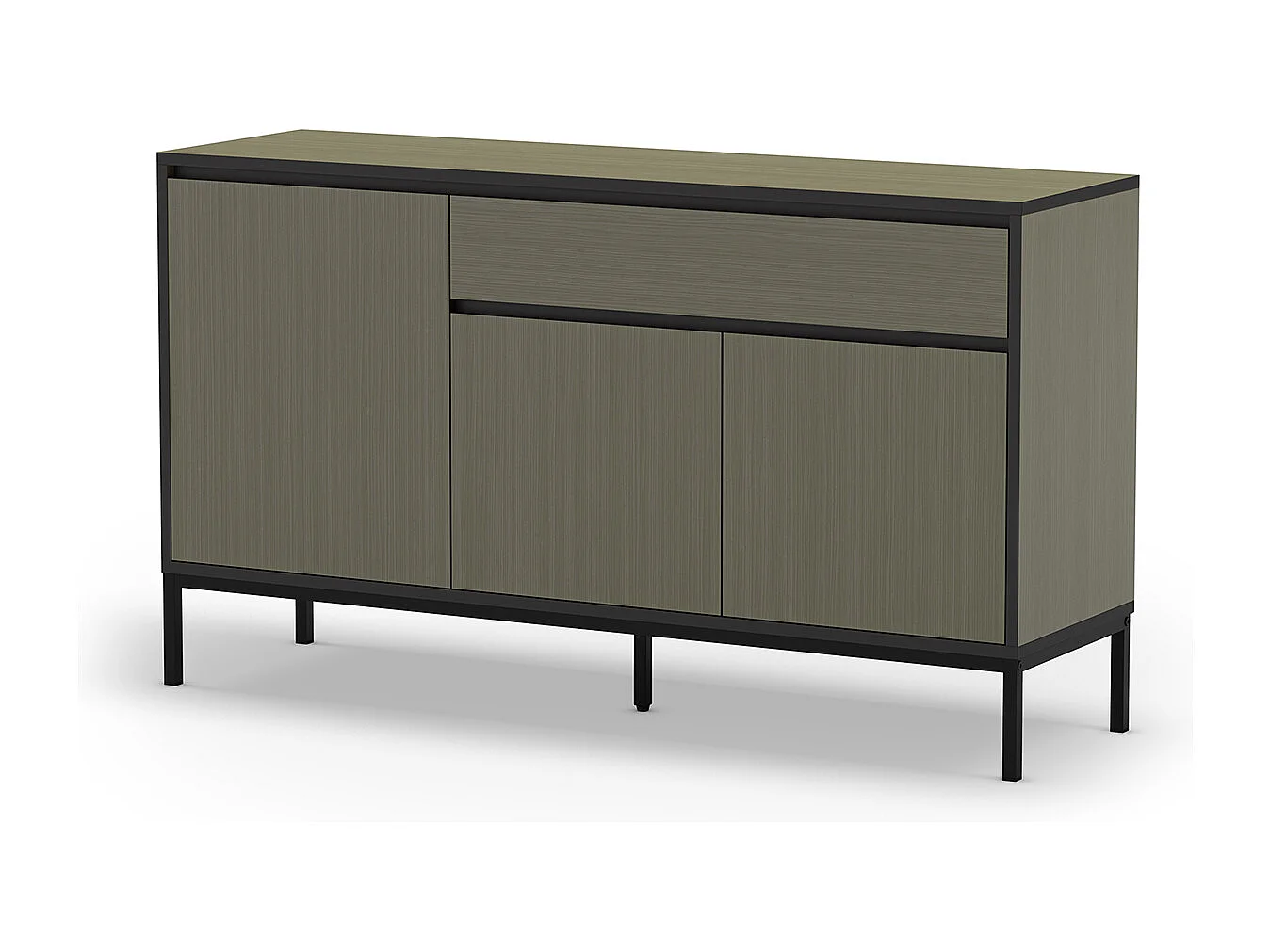 Buffet, commode de rangement avec 3 portes et 1 tiroir aspect bois coloris vert, pieds en métal noir - Longueur 140 x Profondeur 40 x Hauteur 80 cm