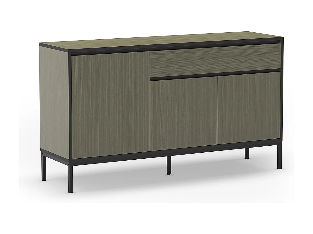 Buffet, commode de rangement avec 3 portes et 1 tiroir aspect bois coloris vert, pieds en métal noir - Longueur 140 x Profondeur 40 x Hauteur 80 cm