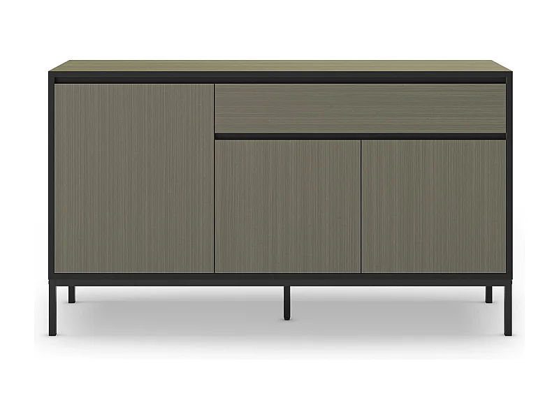 Buffet, commode de rangement avec 3 portes et 1 tiroir aspect bois coloris vert, pieds en métal noir - Longueur 140 x Profondeur 40 x Hauteur 80 cm