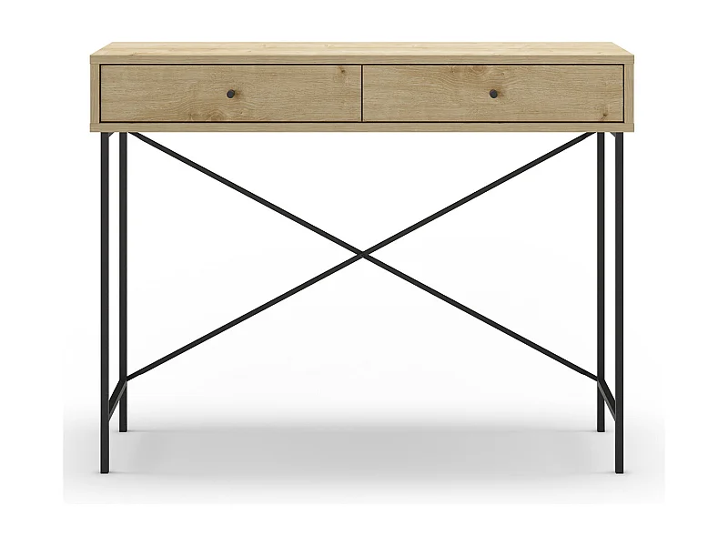 Meuble console, table de console avec 2 tiroirs aspect bois coloris chêne et pieds en métal noir - Longueur 110 x Profondeur 35 x Hauteur 85 cm