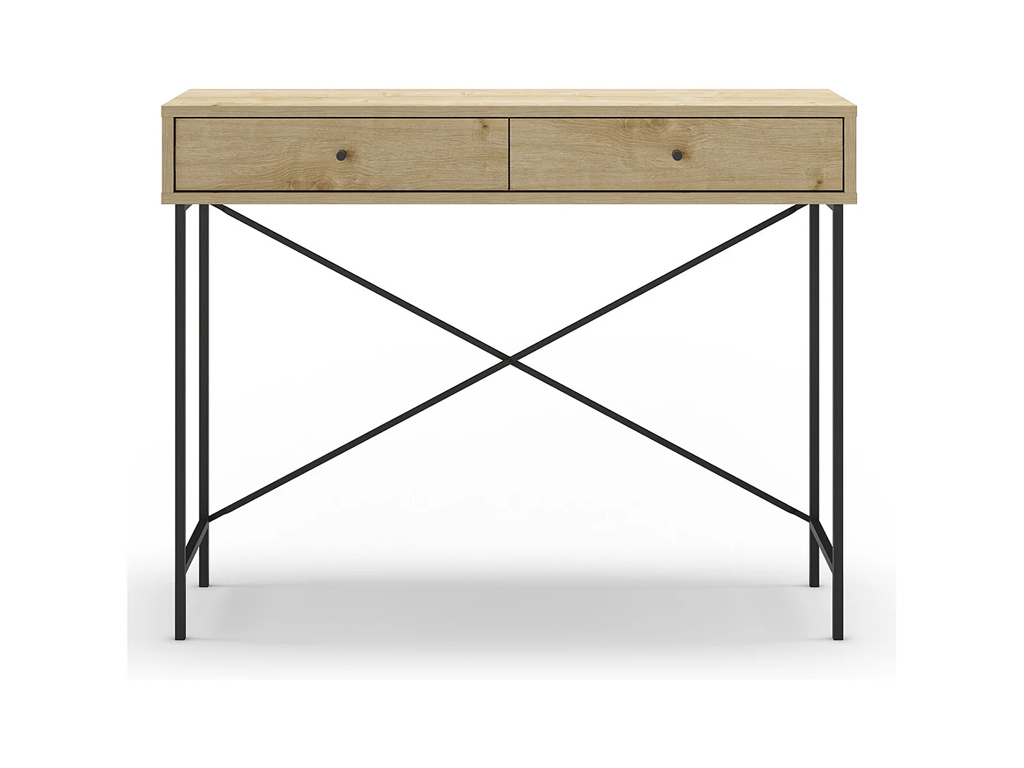 Meuble console, table de console avec 2 tiroirs aspect bois coloris chêne et pieds en métal noir - Longueur 110 x Profondeur 35 x Hauteur 85 cm