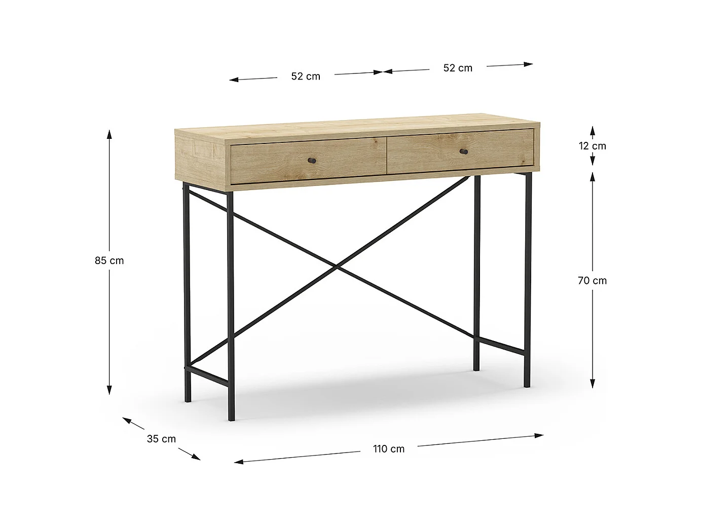 Meuble console, table de console avec 2 tiroirs aspect bois coloris chêne et pieds en métal noir - Longueur 110 x Profondeur 35 x Hauteur 85 cm