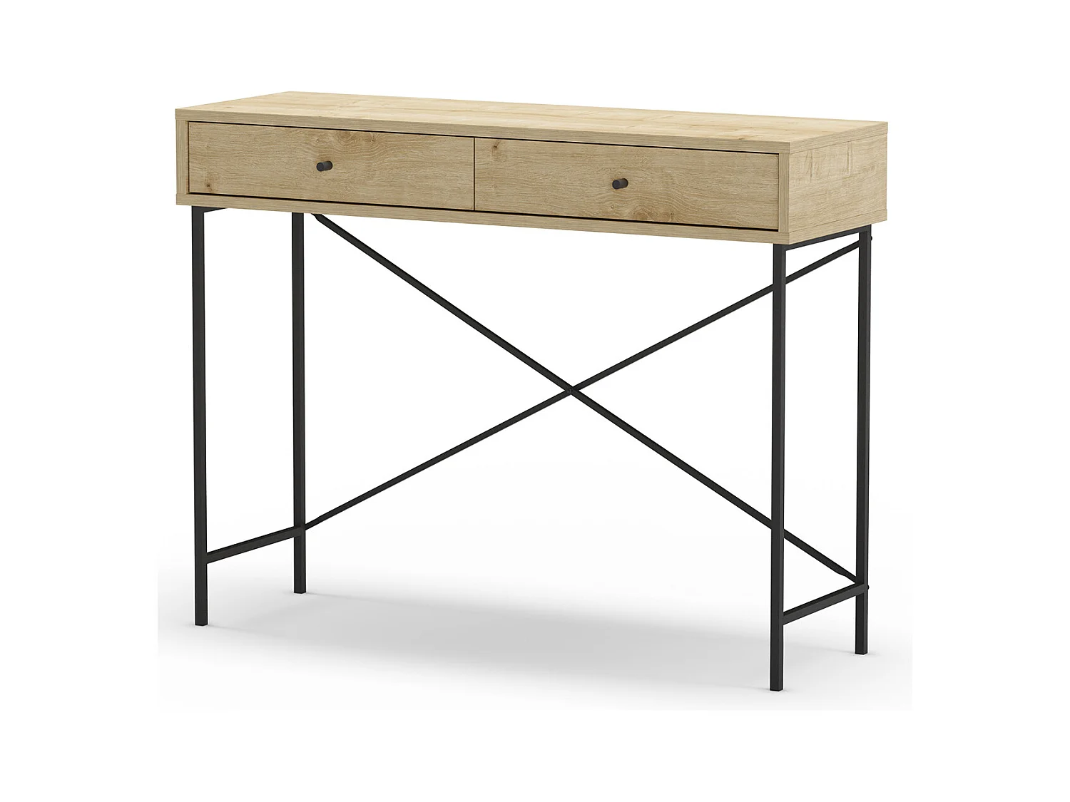Meuble console, table de console avec 2 tiroirs aspect bois coloris chêne et pieds en métal noir - Longueur 110 x Profondeur 35 x Hauteur 85 cm