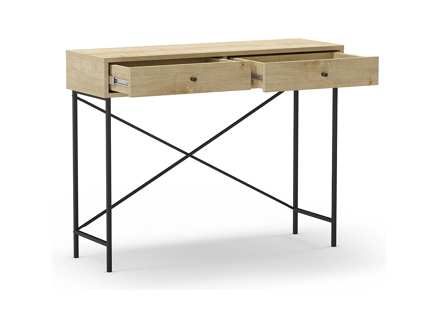 Meuble console, table de console avec 2 tiroirs aspect bois coloris chêne et pieds en métal noir - Longueur 110 x Profondeur 35 x Hauteur 85 cm