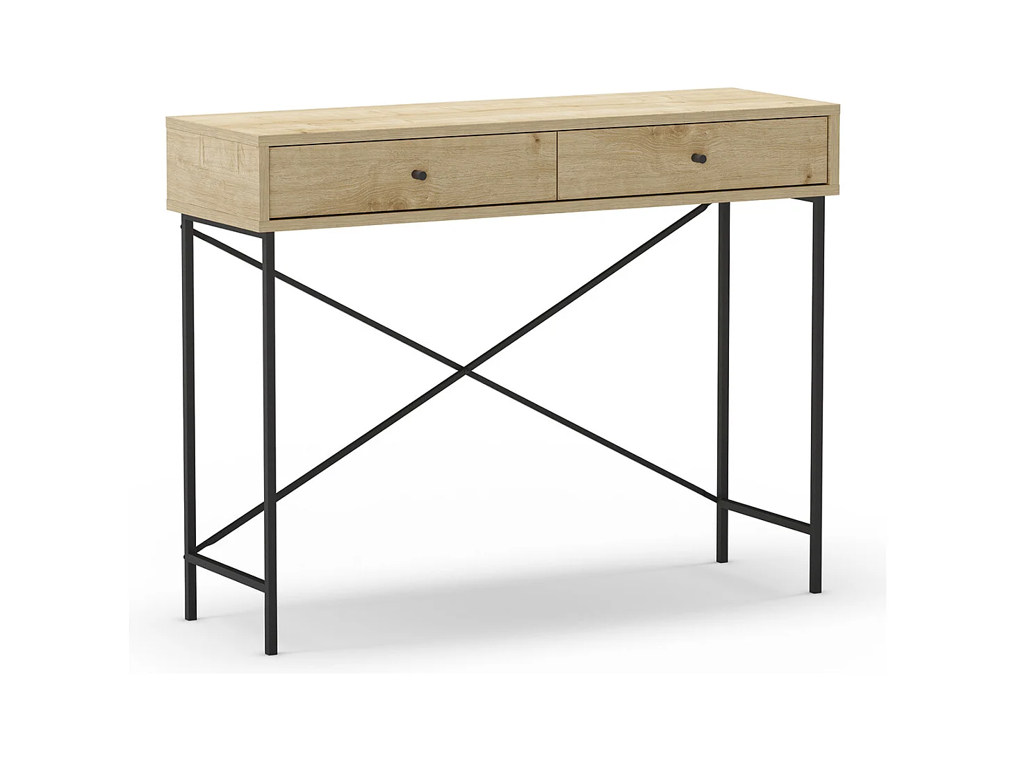 Meuble console, table de console avec 2 tiroirs aspect bois coloris chêne et pieds en métal noir - Longueur 110 x Profondeur 35 x Hauteur 85 cm