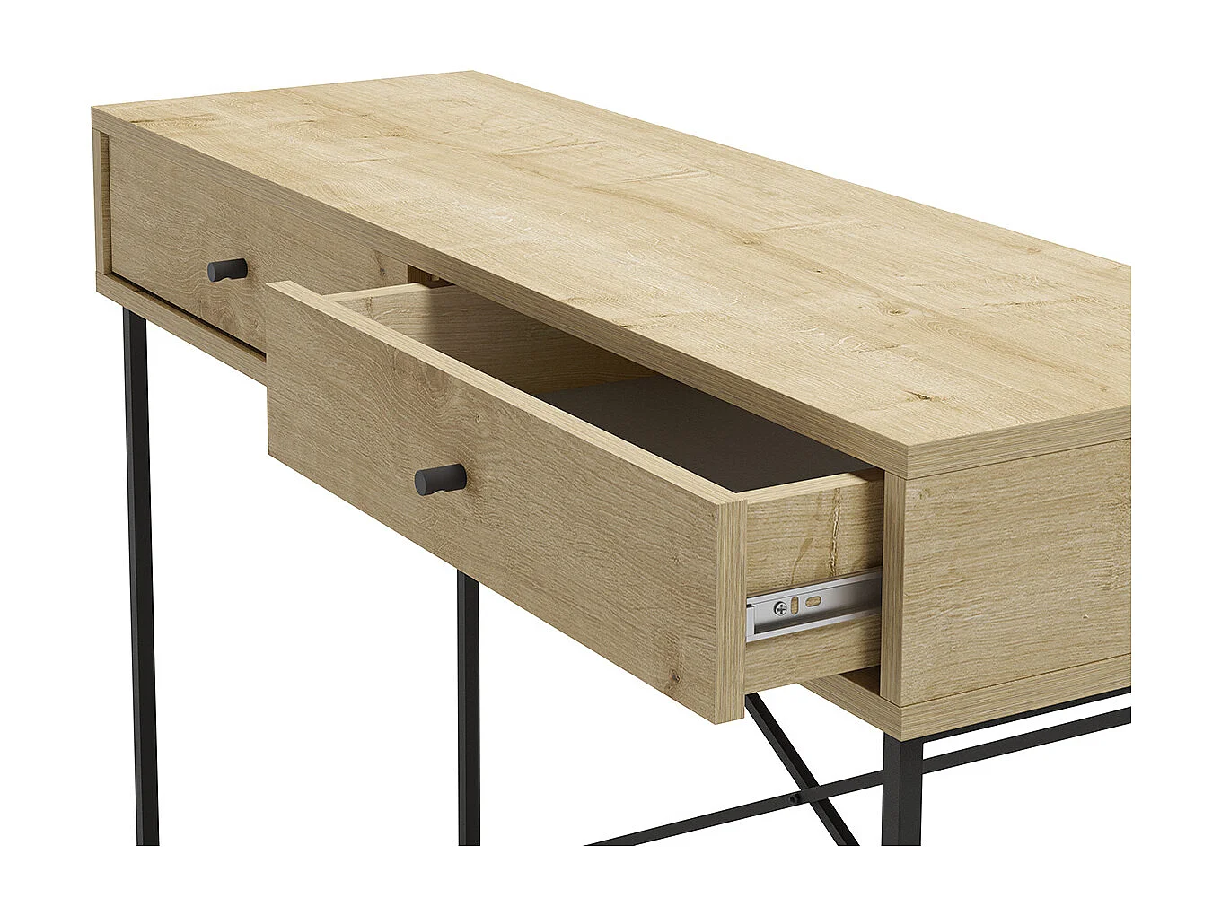 Meuble console, table de console avec 2 tiroirs aspect bois coloris chêne et pieds en métal noir - Longueur 110 x Profondeur 35 x Hauteur 85 cm