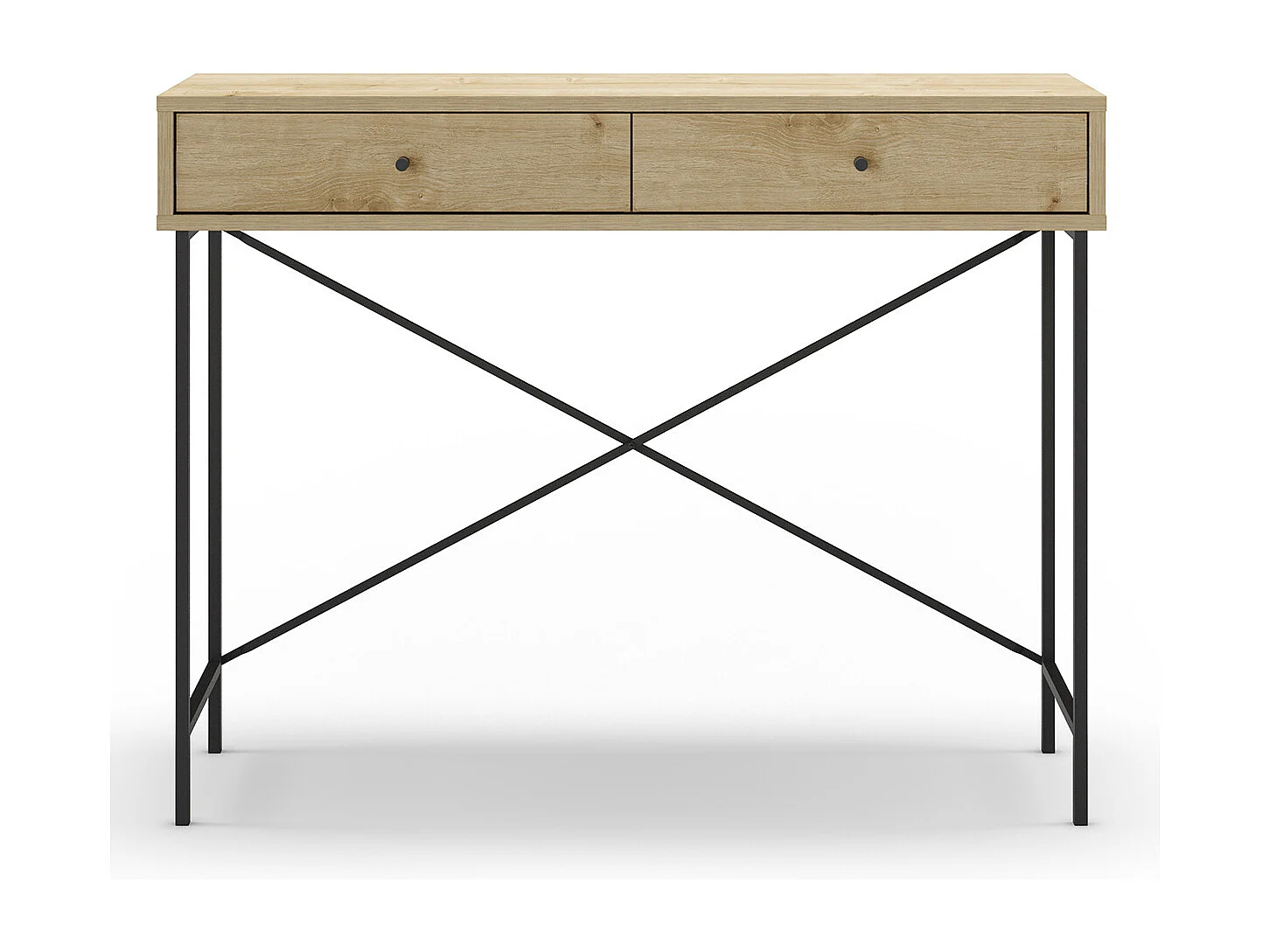 Meuble console, table de console avec 2 tiroirs aspect bois coloris chêne et pieds en métal noir - Longueur 110 x Profondeur 35 x Hauteur 85 cm
