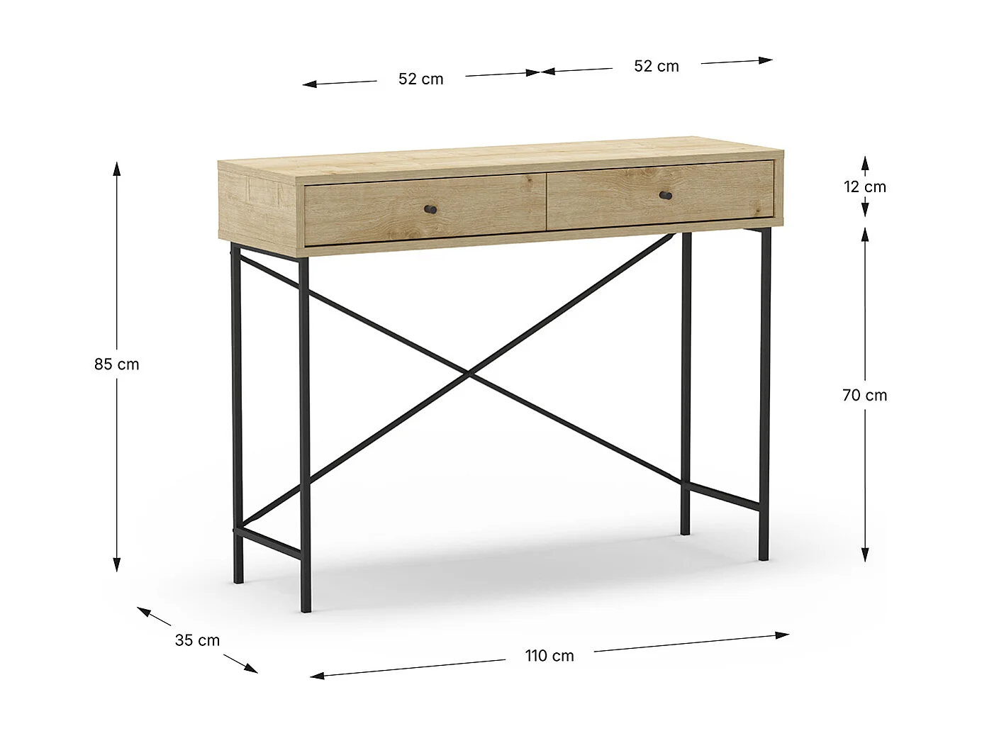 Meuble console, table de console avec 2 tiroirs aspect bois coloris chêne et pieds en métal noir - Longueur 110 x Profondeur 35 x Hauteur 85 cm