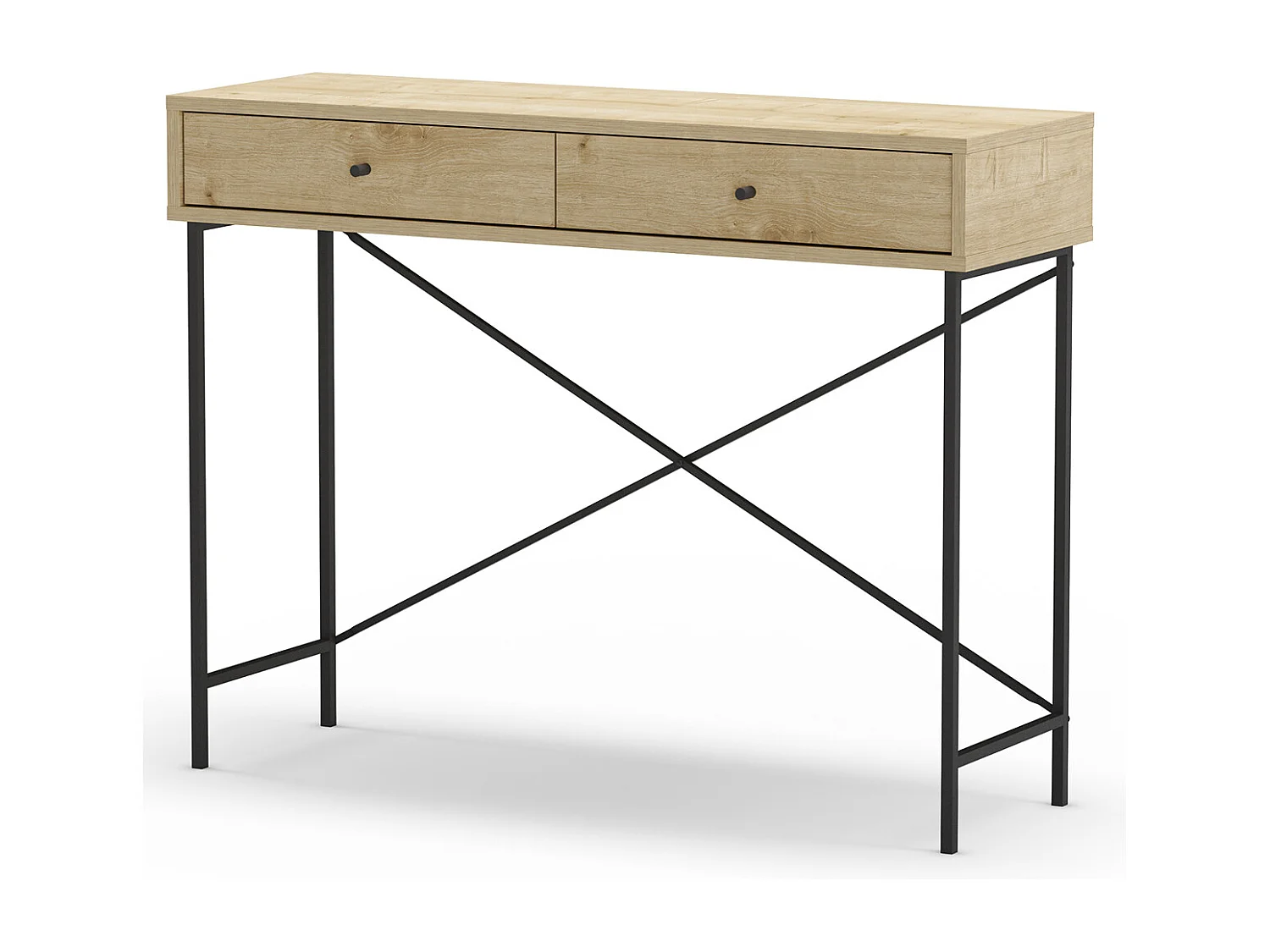 Meuble console, table de console avec 2 tiroirs aspect bois coloris chêne et pieds en métal noir - Longueur 110 x Profondeur 35 x Hauteur 85 cm