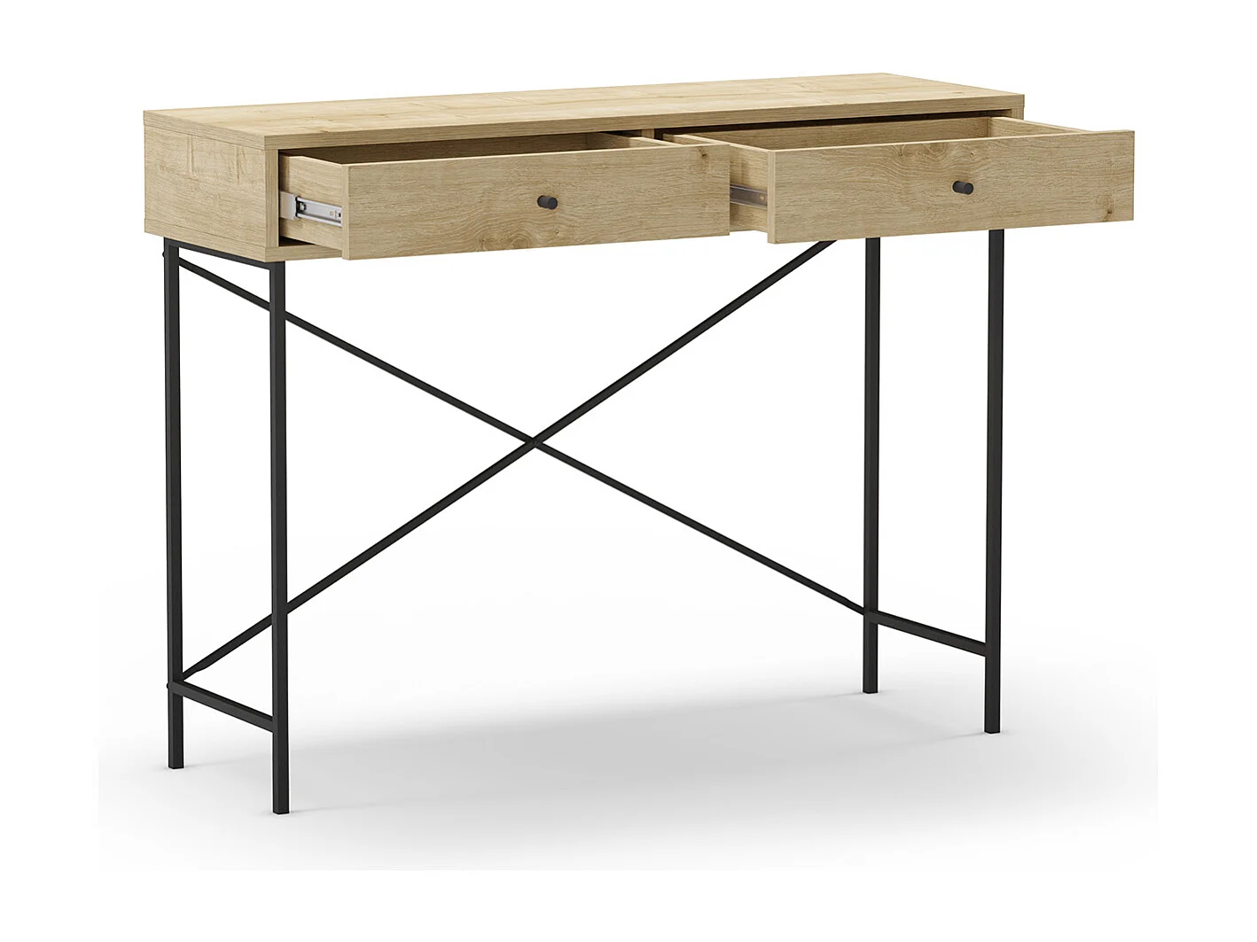 Meuble console, table de console avec 2 tiroirs aspect bois coloris chêne et pieds en métal noir - Longueur 110 x Profondeur 35 x Hauteur 85 cm