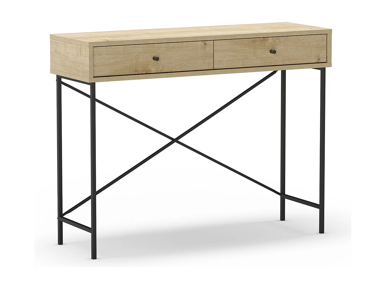 Meuble console, table de console avec 2 tiroirs aspect bois coloris chêne et pieds en métal noir - Longueur 110 x Profondeur 35 x Hauteur 85 cm