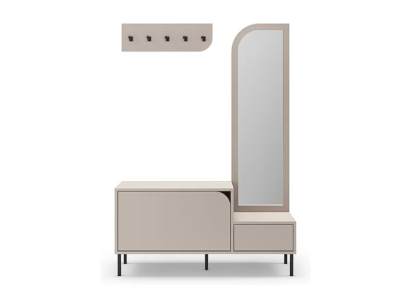 Meuble d'entrée, meuble à chaussures aspect bois coloris crème avec miroir et portant, pieds en métal noir - Longueur 112 x Profondeur 38,50 x Hauteur 172 cm