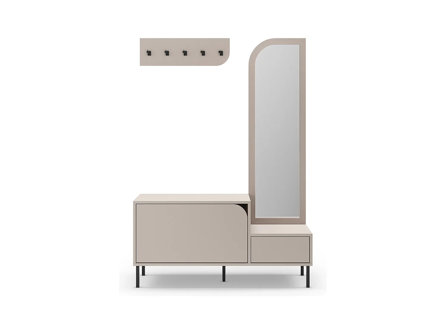 Meuble d'entrée, meuble à chaussures aspect bois coloris crème avec miroir et portant, pieds en métal noir - Longueur 112 x Profondeur 38,50 x Hauteur 172 cm