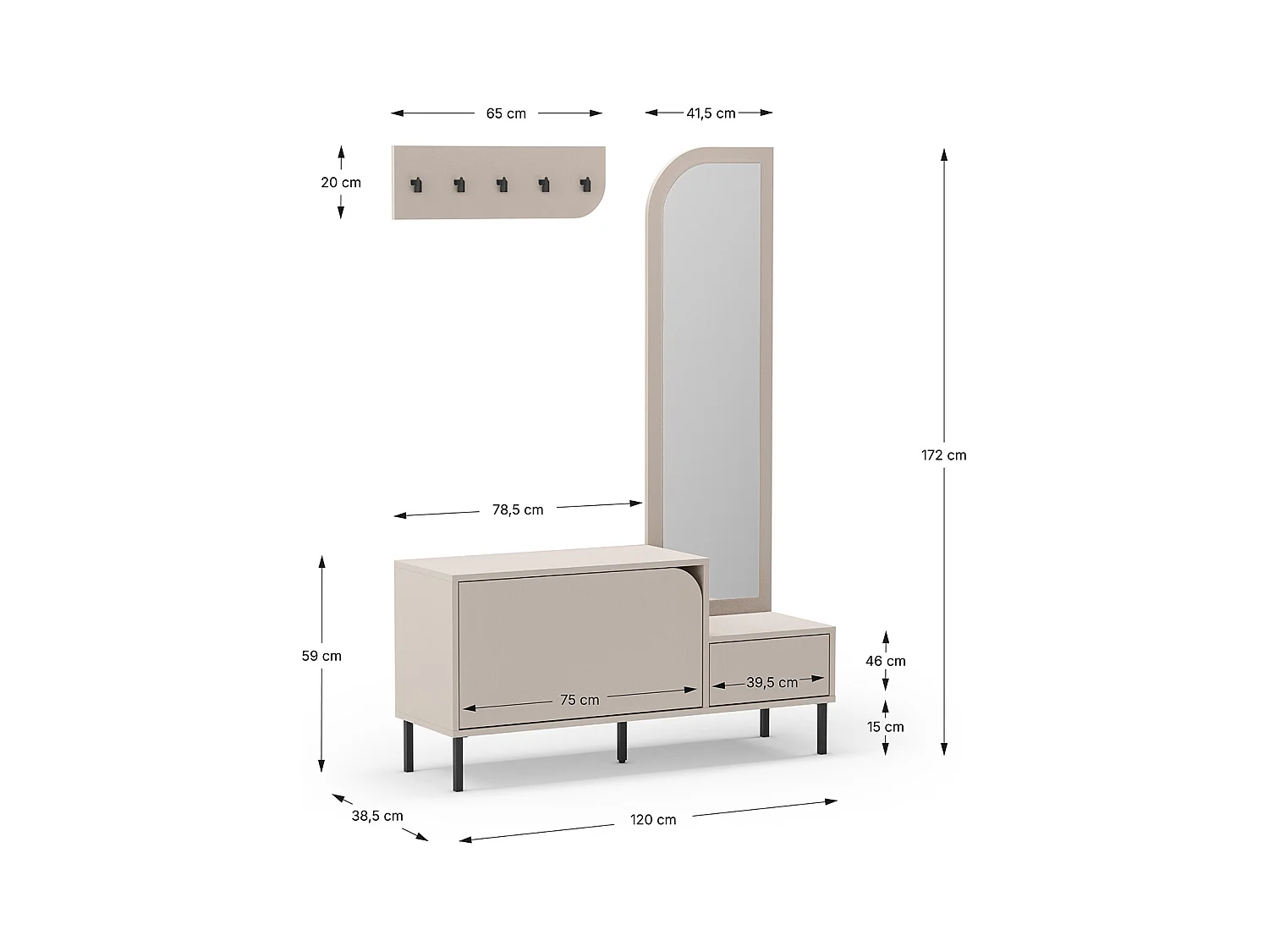 Meuble d'entrée, meuble à chaussures aspect bois coloris crème avec miroir et portant, pieds en métal noir - Longueur 112 x Profondeur 38,50 x Hauteur 172 cm