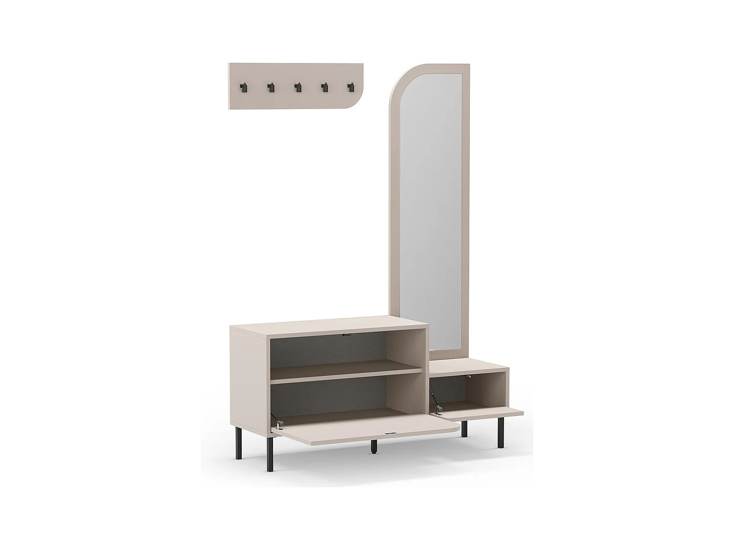 Meuble d'entrée, meuble à chaussures aspect bois coloris crème avec miroir et portant, pieds en métal noir - Longueur 112 x Profondeur 38,50 x Hauteur 172 cm